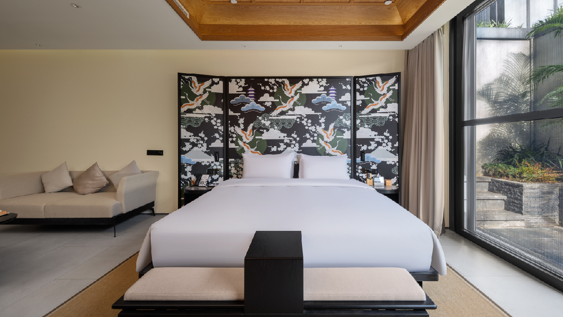 Zen guest room in natural wood tones